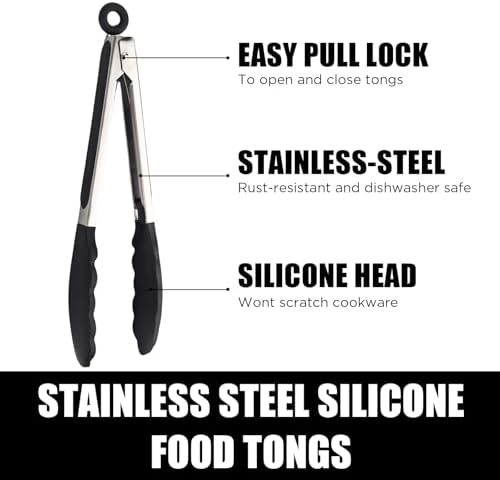 Kitchen Tongs with Silicone Tips, Stainless Steel Cooking Tongs Set of 3