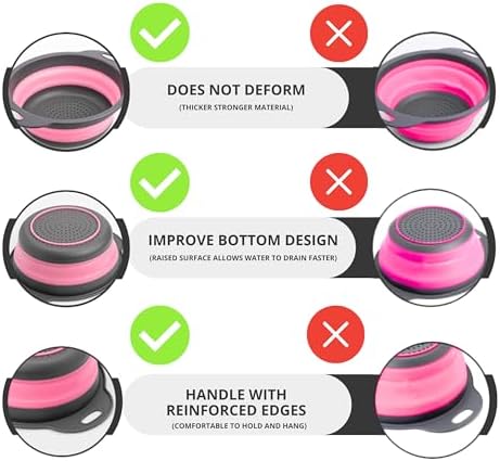Pink Round Silicone Colander Collapsible – Foldable Kitchen Strainer Small Collapsible Colander Pink with Plastic Handles for Draining Vegetable and Fruit Round Silicone Kitchen Strainer for Pasta