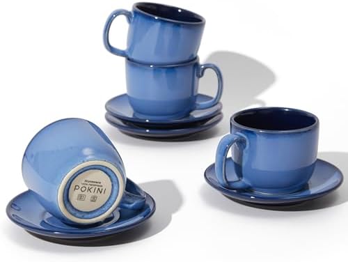 Pokini Stoneware Coffee Cups with Saucers, Cappuccino Cups, Mugs Set of 4