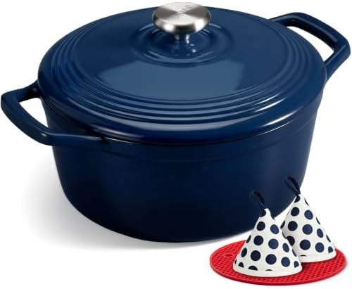Overmont Enameled Cast Iron Dutch Oven - 5.5QT Pot with Lid Cookbook & Cotton Potholders - Heavy-Duty Cookware for Braising, Stews, Roasting, Bread Baking Midnight Sapphire