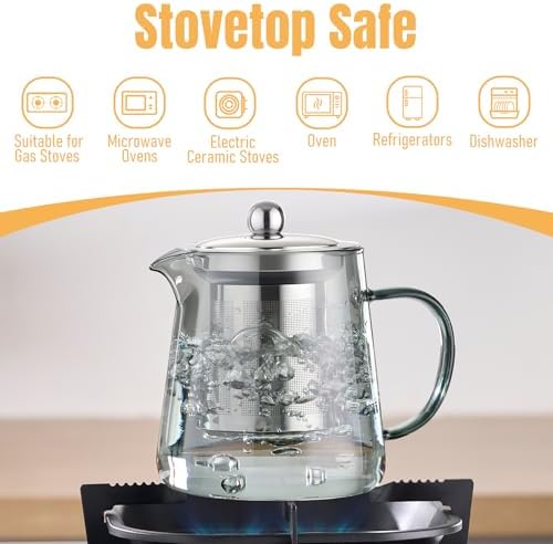 PARACITY Clear Teapot, Glass Kettle with Infuser, Tea Maker, 18.6 oz, Black