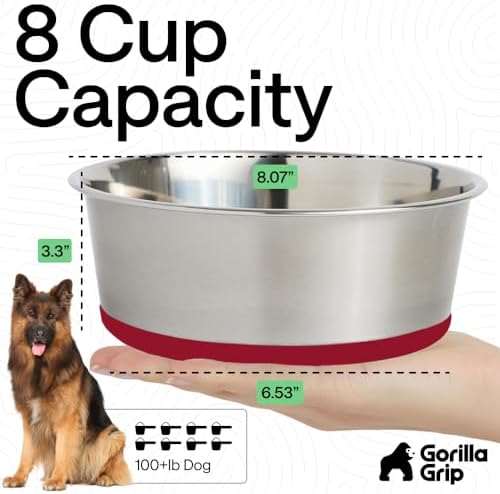GORILLA GRIP Dog Bowls, Food Grade Stainless Steel, Set of 2, 8 Cup, Red