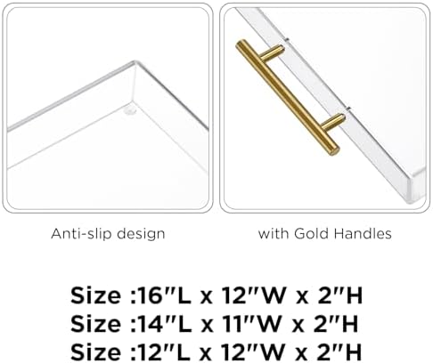 11"x14" Clear Acrylic Serving Tray with Golden Handles, Sturdy Huge Capacity Acrylic Tray for Coffee, Juice, Kitchen and Desk Organizer (11"x14")