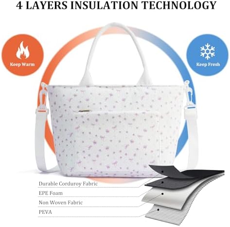 Lunch Bag for Women Adult Large Insulated Lunch Box Girl Cute Corduroy Lunch Tote Bags Reusable Leakproof Cooler Work Picnic