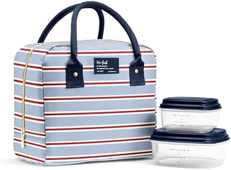 Fit & Fresh Bloomington Lunch Bag for Women - Insulated Large Lunch Box for Work with Containers, Leak-Resistant, Stain-Resistant, Zipper Closure, Rowing Stripe Blue