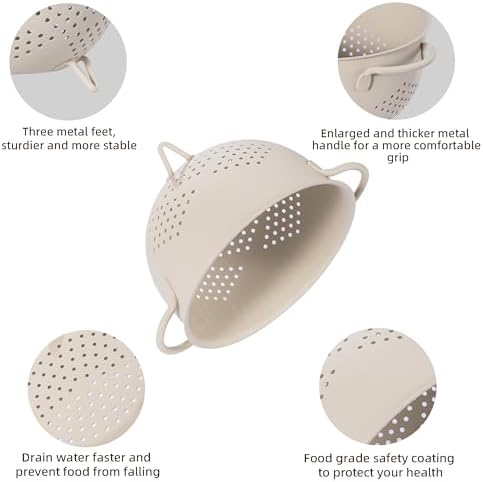 Metal Colander 5 Quart Powder Coated Self-draining Metal Strainer with Base,Kitchen Pasta Fruit Vegetable Basket with Double Handles (Sand Yellow)