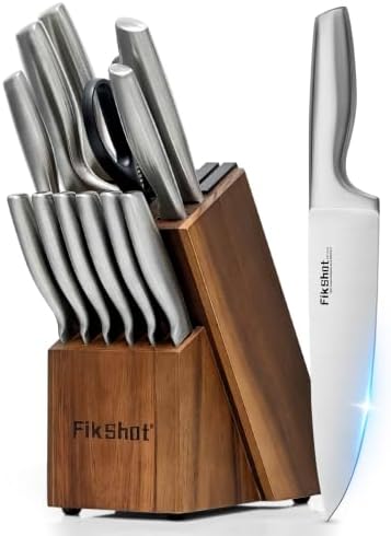 FikShot 14PCS Knife Set with Block & Sharpener, Premium Full Tang Forged
