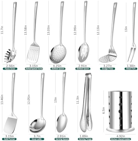 Lazycorner Kitchen Utensils Set, 11pcs Stainless Steel Cooking Utensils Set with Holder – Includes Turners, Potato Masher, Spatula, Spoons, Pasta Server, Tongs, Soup Ladle, Serving Spoon