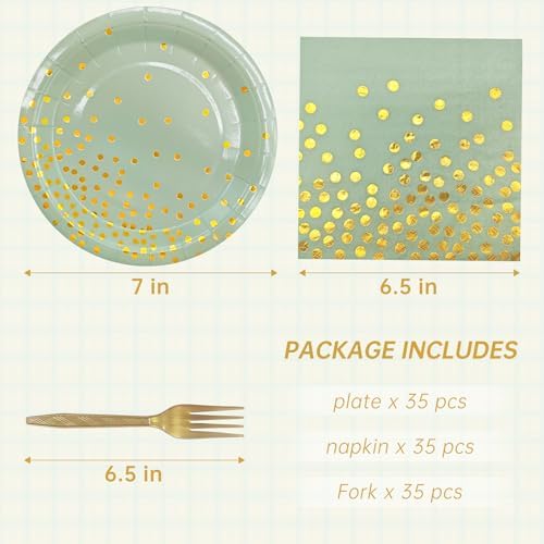 Serve 35 Guests Sage Green and Gold Paper Plates and Napkins Party Supplies