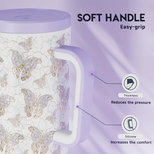 Meoky 40 oz Tumbler with Handle and Straw: Stainless Steel Insulated Tumbler with Lid and Straw - 100% Leak Proof Tumbler for Car Cup Holders - Travelers Commuters Workers, Gold Butterfly
