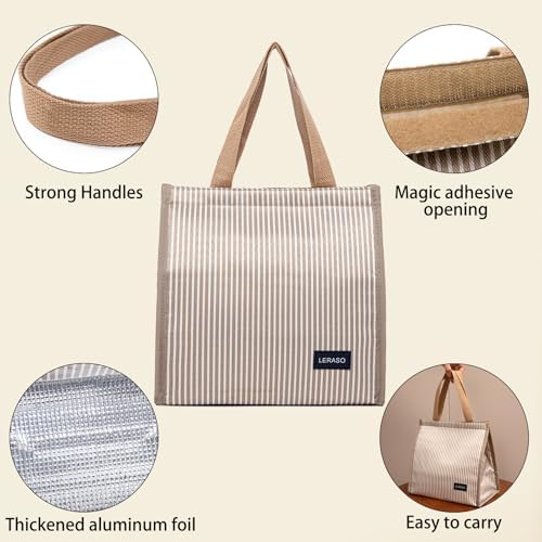 Insulated Lunch Bag for Work, 10.2"x5.9"x10.2" Oxford Waterproof Lunch Tote, Thermal Lunch Box for Office, Picnic & Outdoor, Gold and White Striped Canvas Tote Bag