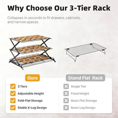 3-Tier Collapsible Cooling Rack, Adjustable Wire Baking Rack, Black