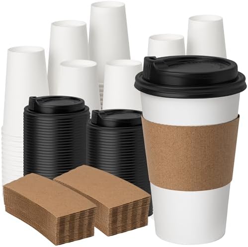 YEEHAW 16 oz 100 Pack Disposable Coffee Cups with Lids & Sleeves