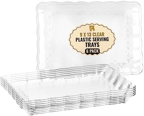 6 Pack Clear Plastic Serving Trays for Party, 9 x 13 Inch - Heavy Duty Plastic Trays for Food - Rectangular Party Serving Trays and Platters - Clear Disposable Trays