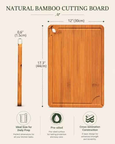 Cutting Board,18" x 12" X-Large Bamboo Cutting Board for Kitchen,Deep Carbonized Butcher Block Cutting Board with Deep Juice Groove Side Handles,Meat,Fruit and Daily Cooking