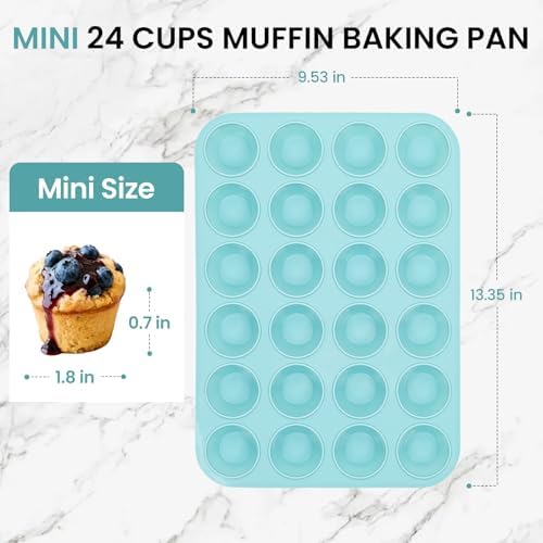 CAKETIME Silicone Mini Muffin Pan, 24 Cups Nonstick Mini Cupcake Pan for Baking Muffin, Cupcake, Egg Bites, Fat Bomb, Light Blue