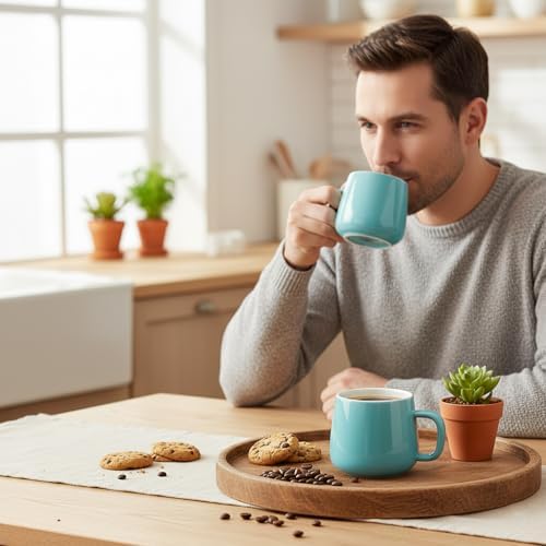 Teocera Coffee Mugs Set of 6-12oz Chip-Resistant Ceramic Cups with Ergonomic Handle | Dishwasher & Microwave Safe Turquoise Mugs | Keeps Beverage Hot, Perfect for Family Kitchen & Holiday Gifts