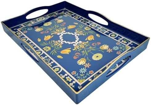 Boho Blue Decorative Tray, Serving Tray with 4 Handles, Plastic Tray for Coffee Table, Ottoman - Ideal for Living Room & Bathroom. 15” x 11” x 1.9”