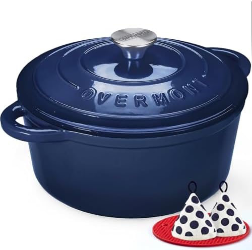 Overmont Enameled Cast Iron Dutch Oven - 4.5QT Pot with Lid Cookbook & Cotton Potholders - Heavy-Duty Cookware for Braising, Stews, Roasting, Bread Baking IndigoBlue