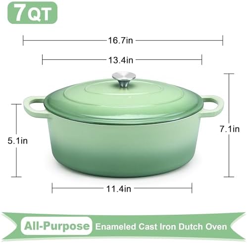 E-far 7QT Oval Dutch Oven Pot with Lid, Green Enameled Cast Iron Dutch Oven