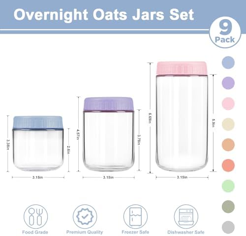 Overnight Oats Containers with Lids, 10 & 16 & 24 oz Wide Mouth Mason Jars with Lids, 3 Pack Glass Jars with Airtight lid for Chia Pudding Yogurt Salad, Meal Prer Oatmeal Jars