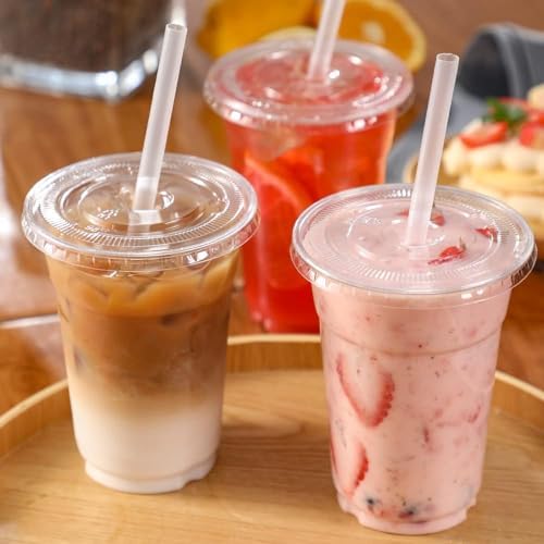 TashiBox Plastic Cups with Flat Lids 100 Sets, Clear Crystal drink cups with lids, 16 oz (Pack of 8)