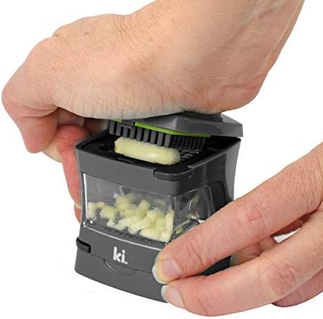 Garlic-A-Peel Garlic Press, Crusher, Cutter, Mincer, and Storage Container - Includes Silicone Garlic Peeler - Easy to Clean - Stainless Steel Blades – (Grey), standard