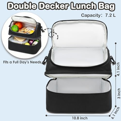 FlowFly Double Decker Cooler Insulated Lunch Bag Large Tote for Boys, Girls, Men, Women, With Adjustable Strap,Black