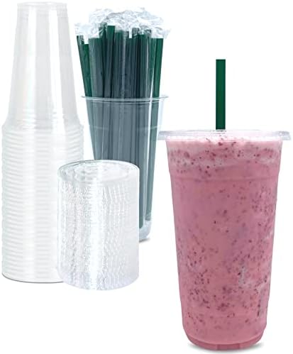 Cappatua 32 oz Clear Plastic Cups with Lids and STRAWS, Disposable Drinking Cups for Cold Drinks, Iced Coffee, Milkshakes, Smoothies, 25 Sets