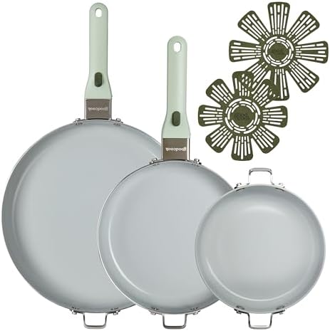GoodCook Ceramic Cookware Set 7-Piece with Removable Handles, Induction Compatible Fry Pans, Nonstick and Oven Safe, Sage Green