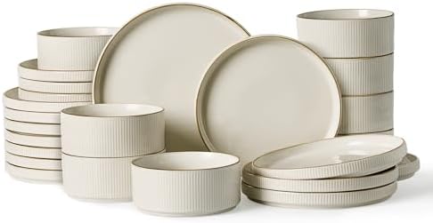 Famiware Star Stoneware Dinnerware Sets for 8, Rimmed Plates and Bowls Set