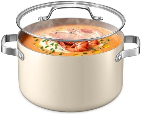 Bakken 8.5 Quart Ceramic Coated Stock Pot with Lid, Easy Clean Nonstick Pot, Tempered Glass Lid, Riveted Stainless Steel Handles, Oven Safe Up To 500°F, PTFE & PFAS Free, All Stove Compatible, Cream