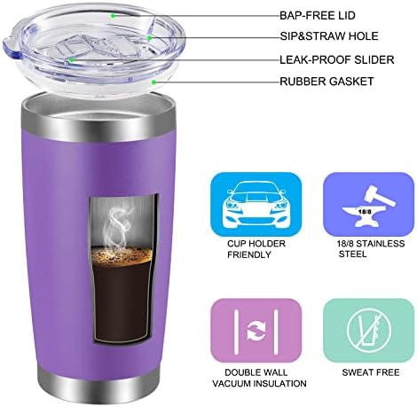 VEGOND 20oz Tumbler with Lid and Straw Stainless Steel Tumbler Cup Bulk Vacuum Insulated Double Wall Travel Coffee Mug Powder Coated Coffee Cup, Purple, 6 Pack
