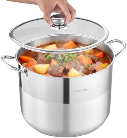 VEVOR Stainless Steel Stock Pot, 16QT Stainless Steel Stockpot with Glass Lid, PFOA-Free, PFAS-Free, Compatible with Gas Stoves, Induction Cooktops, Electric Stoves, for Soups, Stews, and Pasta