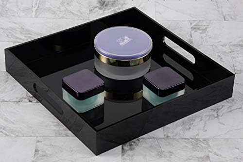 Glossy Black Sturdy Acrylic Serving Tray with Handles - 12x12 Inch Multipurpose Tray for Coffee, Appetizers, Breakfast, and More