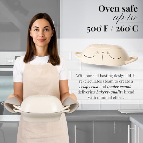 Dutch Oven For Sourdough Bread Baking – Enamelled Cast Iron Bread Loaf Pot – Oven Safe Non Stick Bread Pot – Rectangular, Cream, 24cm x 16cm – by Nuovva