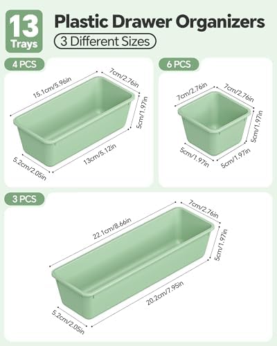 Canfanni 13 Pack Plastic Drawer Organizers Set, 3 Sizes Desk Drawer Organizer Trays for Vanity and Makeup Organizer, Organization and Storage for Makeup, Kitchen Utensils, Bathroom and Office(Green)
