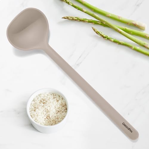 GreenPan Silicone Ladle, Soup Mixing Stirring Serving, Cooking Kitchen Utensil, Flexible Rubber Nonstick Cookware, Rigid Steel Core, Heat-Resistant, Anti-Slip Handle, BPA-Free, Dishwasher Safe, Taupe