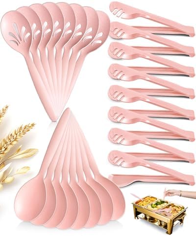 Reusable Plastic Serving Utensils Set of 24, Wheat straw Large Serving set 10" Serving Spoons/10" Slotted Spoons/9.4" Tongs, for Party Buffet Catering (Pink, Not for Cooking)