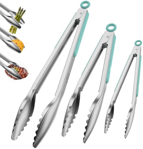 Stainless Steel Kitchen Tongs with Teeth Good Grip, Set of 3 Aqua Sky