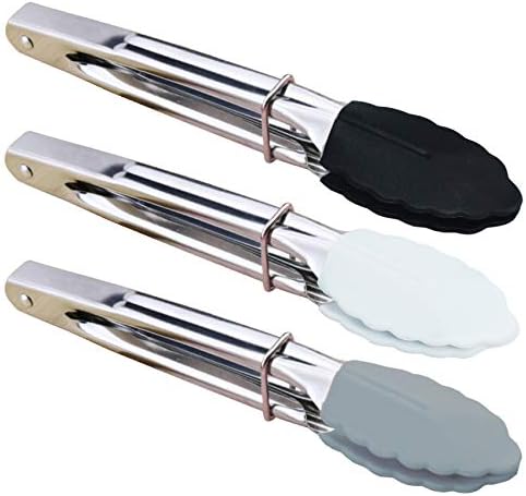HINMAY 7-Inch Mini Tongs with Silicone Tips, Set of 3 (Black White Gray)