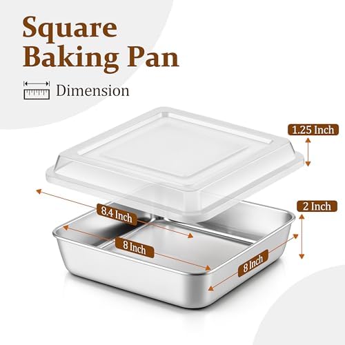 LIANYU Stainless Steel Baking Pan with Lid, 8 x 8 Lasagna Brownie Cake Pan