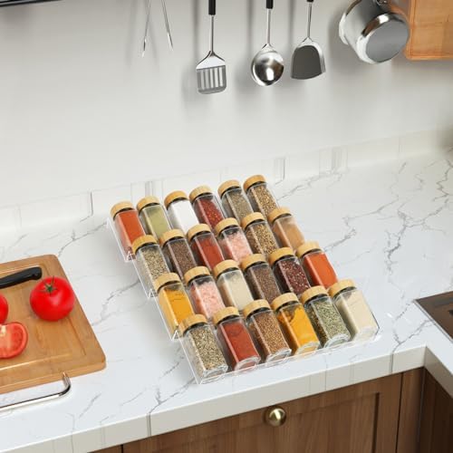 Suneerplay Spice Drawer Organizer 4 Tier, Acrylic Seasoning Organizer Rack, Clear Spice Rack Tray, Kitchen Seasoning Jars Drawers Insert (Jars Not Included/Expandable From 9" to 18") (Pack of 3)