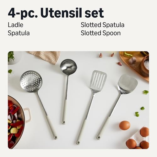 Amazon Basics Stainless Steel Cooking Utensil Set with Ladle, Spatula, Slotted Spatula and Slotted Spoon, 4-Piece Set, Soft Grip Handle, Dishwasher-Safe, Linen Gray