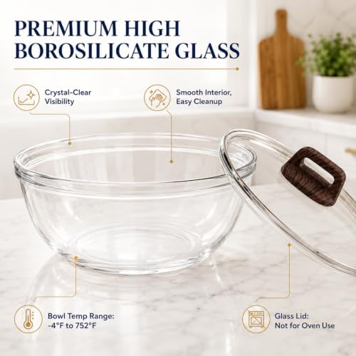 Large Glass Bowl for Sourdough Bread Making 6 QT Glass Mixing Bowl with Lid and Wood-Look Solid Bakelite Handle Clear Sourdough Bread Proofing Bowl with Cover Ideal for Baking