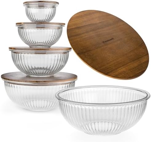 Stackable Glass Mixing Bowls with Acacia Lids Set of 5