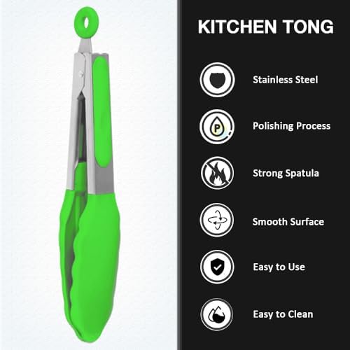 7 Inch Small Serving Tongs with Silicone Tips 3 Pack(Green)