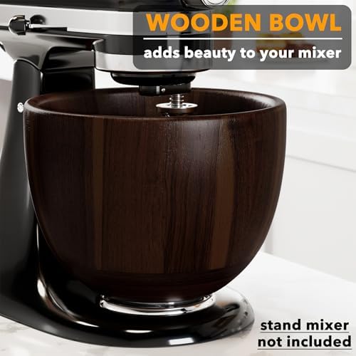 SpaceAid Wooden Bowl for Mixer - Kitchen Space Aid Acacia Wood Mixing Bowls Holder for Stand Mixer, Compatible with 4.5 & 5 QT Tilt-Head Models Kitchen, Dark Wood