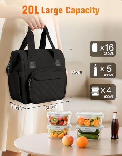 ISEYOU Large Lunch Bag for Men & Women, 20L Insulated Cooler Bag with Wide Opening, Leak-Proof & Multi-Pocket Leather Lunch Box, Adjustable Strap Lunch Tote Bags for Work, Office, Picnic and Camping