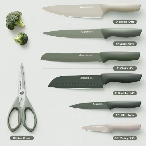 Astercook Knife Set, 13 Pieces Kitchen Knives Set with Healthy Anti-Rust Coating, Dishwasher Safe, Stainless Steel Chef Knife Sets with 6 Blade Guards, Perfect Holiday Gifts for Kitchen Green